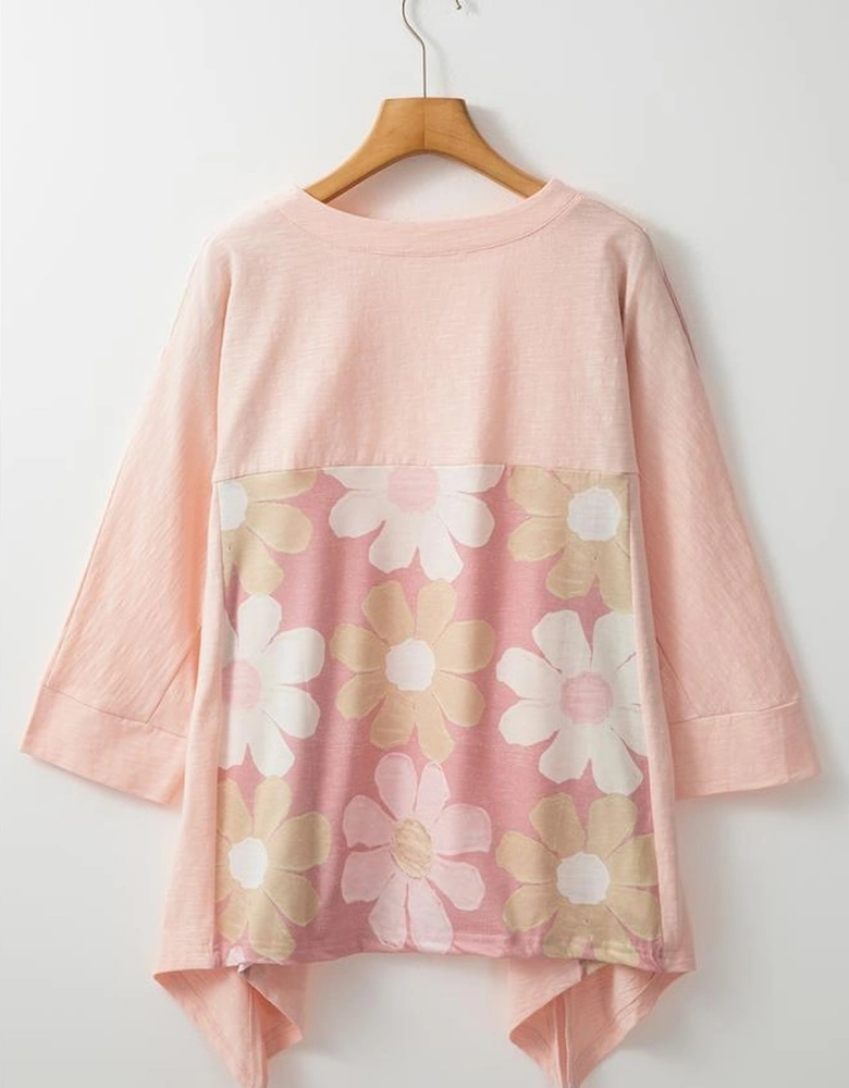 Pink Flower Patchwork Exposed Seam Oversized High Low Top