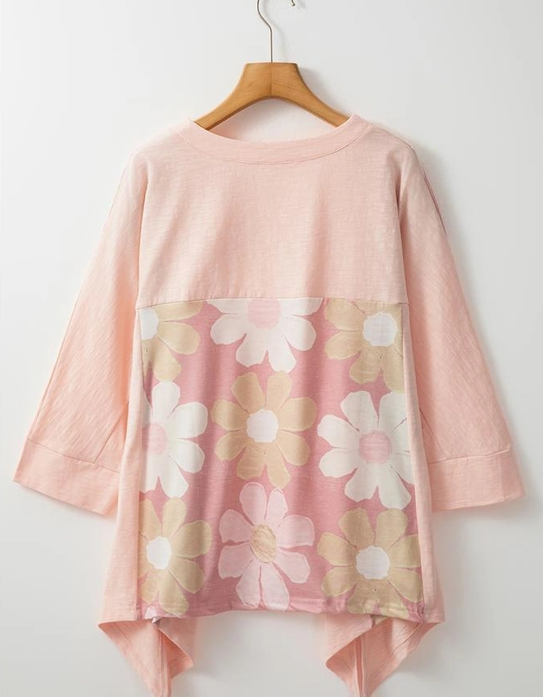Pink Flower Patchwork Exposed Seam Oversized High Low Top