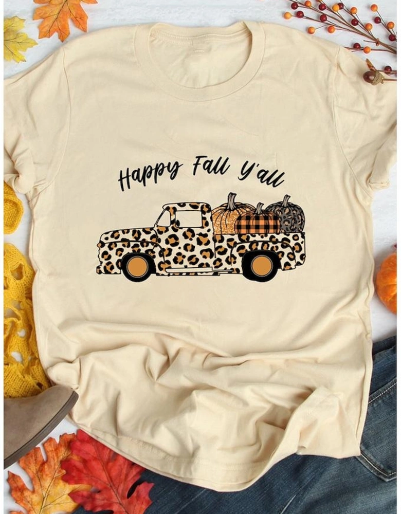 Khaki Happy Fall Leopard Truck Cute Pumpkin Graphic Tee