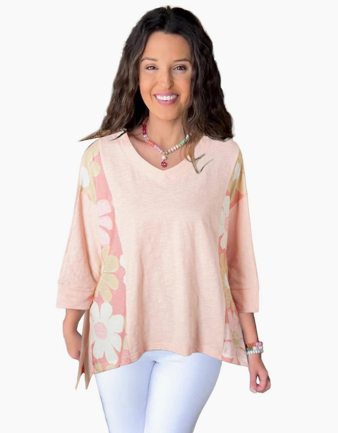 Pink Flower Patchwork Exposed Seam Oversized High Low Top