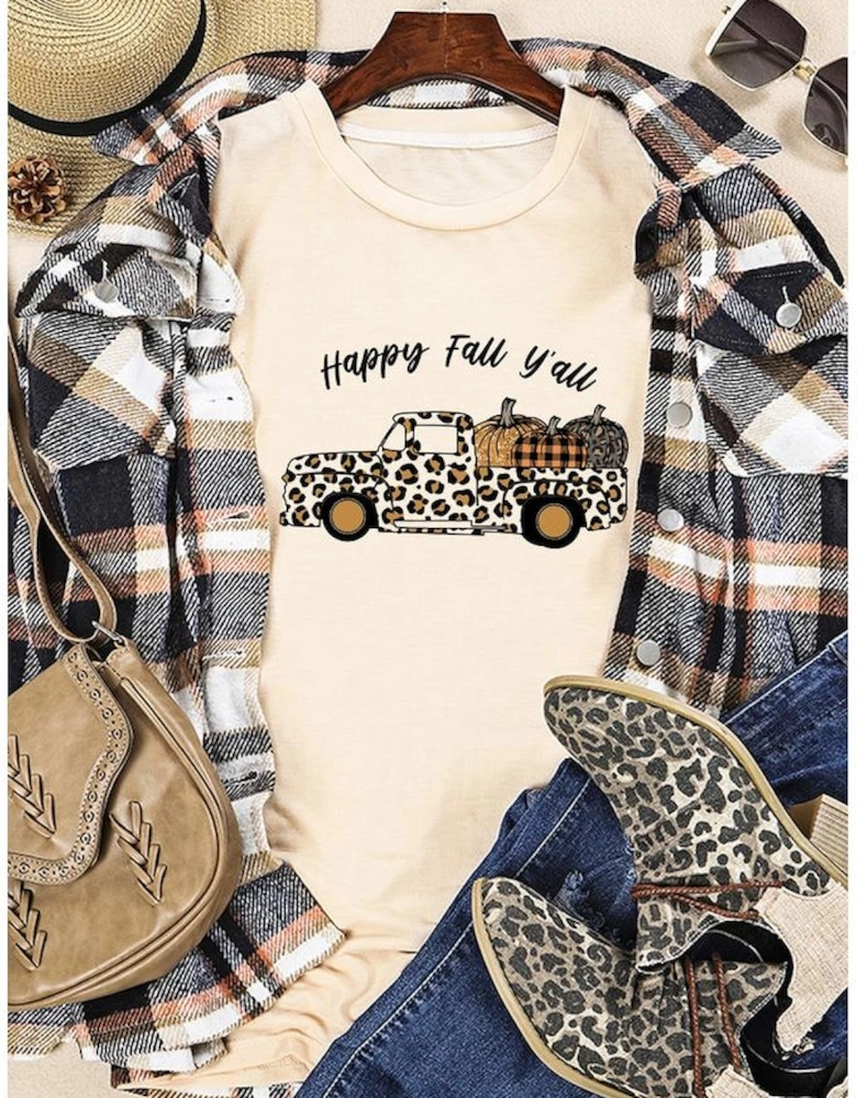 Khaki Happy Fall Leopard Truck Cute Pumpkin Graphic Tee