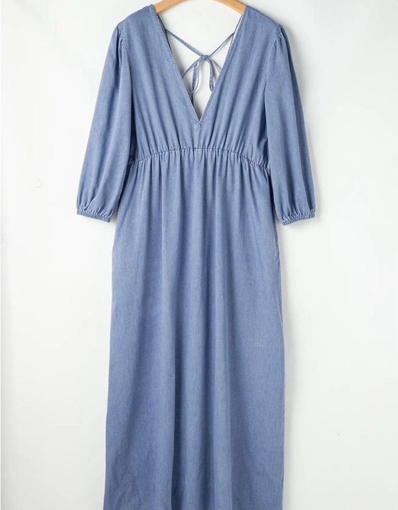 Myosotis Chambray Deep V Neck Bracelet Sleeve Maxi Dress