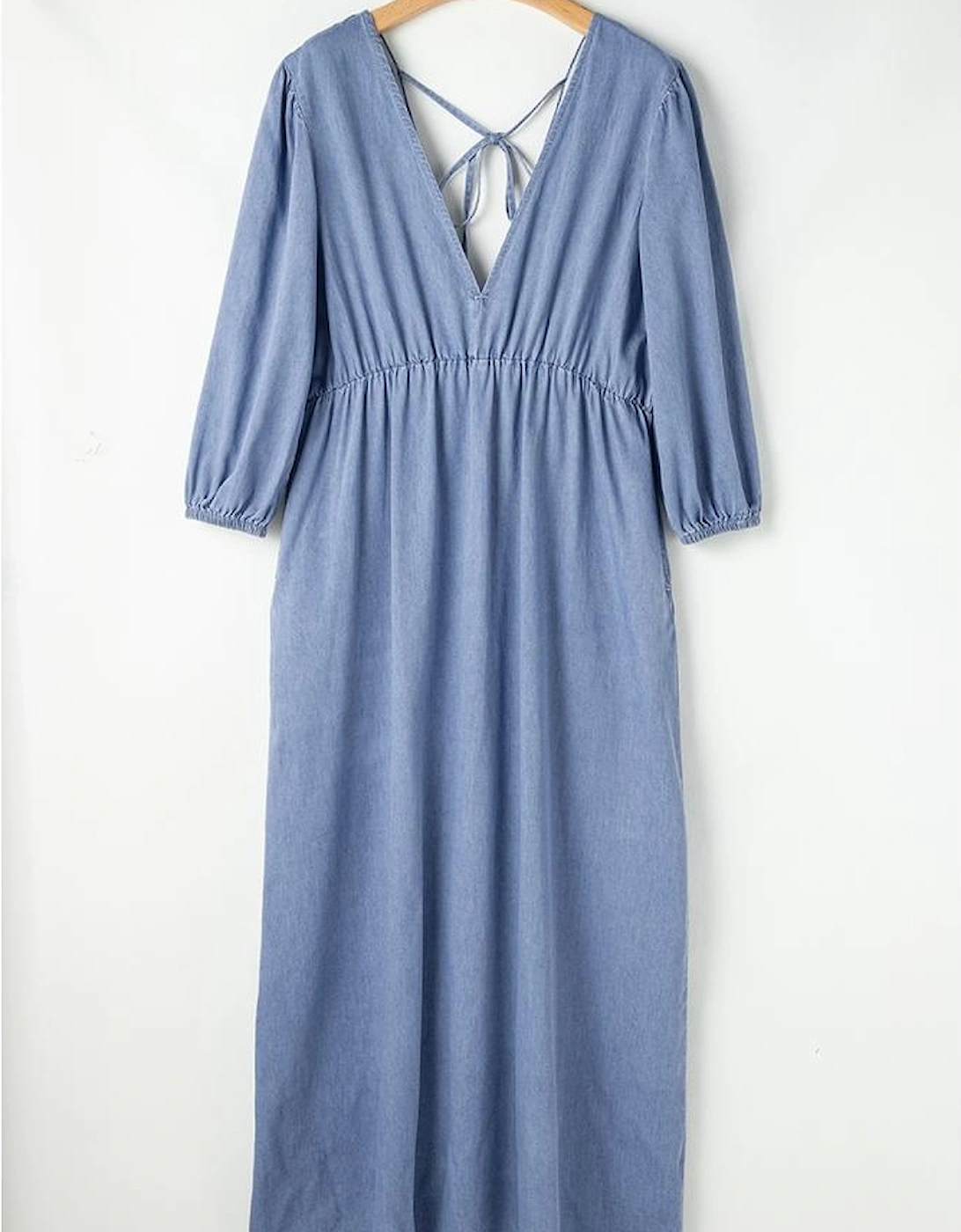 Myosotis Chambray Deep V Neck Bracelet Sleeve Maxi Dress, 12 of 11