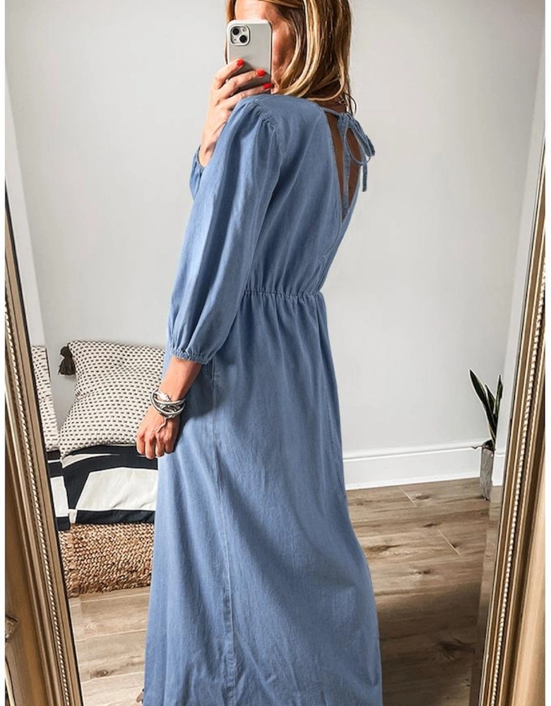 Myosotis Chambray Deep V Neck Bracelet Sleeve Maxi Dress
