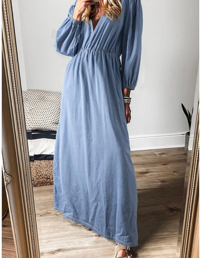 Myosotis Chambray Deep V Neck Bracelet Sleeve Maxi Dress