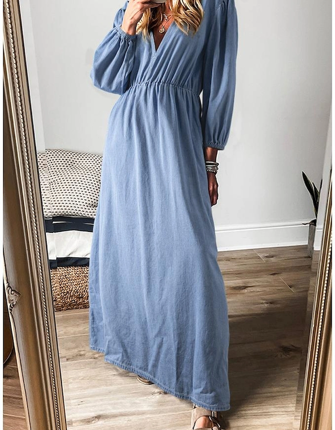 Myosotis Chambray Deep V Neck Bracelet Sleeve Maxi Dress
