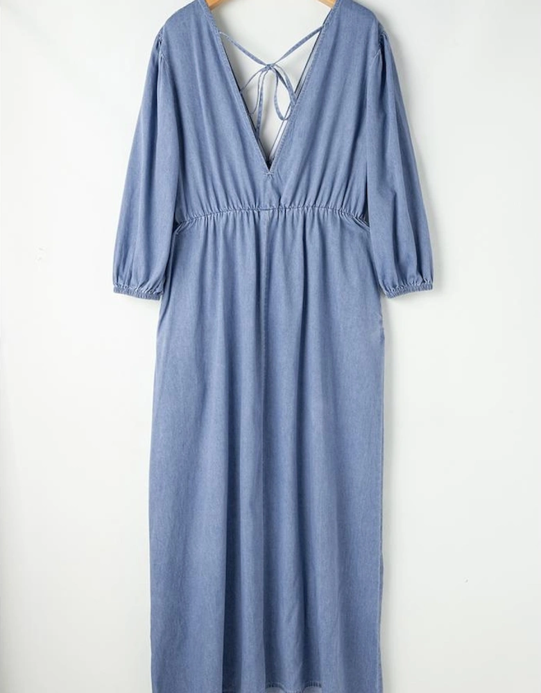 Myosotis Chambray Deep V Neck Bracelet Sleeve Maxi Dress