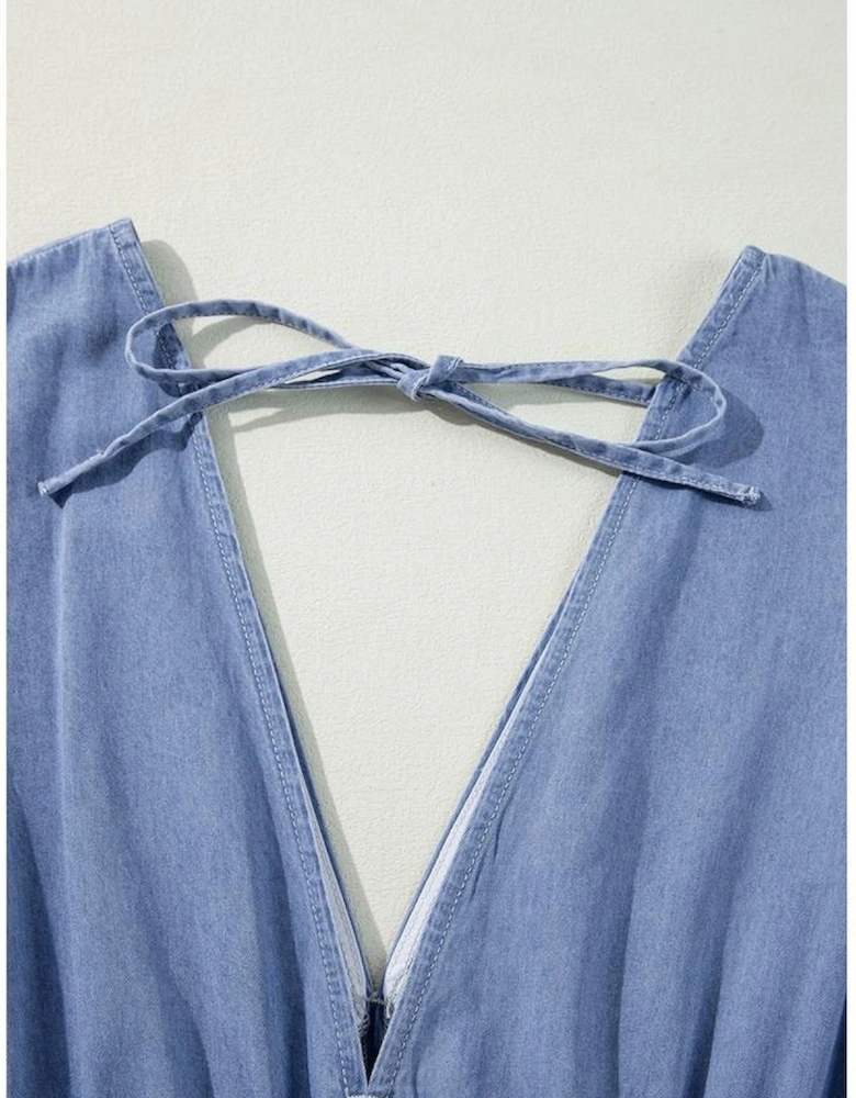 Myosotis Chambray Deep V Neck Bracelet Sleeve Maxi Dress