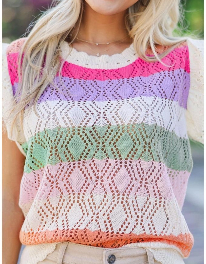 Rose Stripe Colorblock Hollowed Knit Scallop Edge Sweater Vest