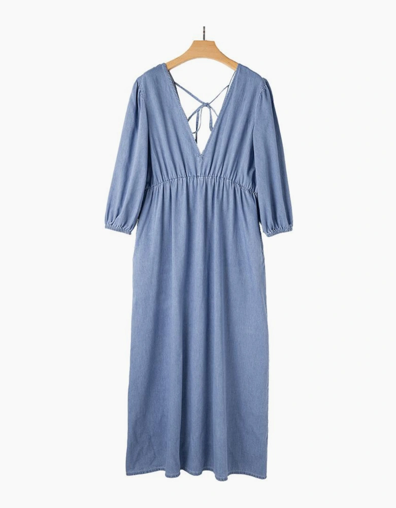 Myosotis Chambray Deep V Neck Bracelet Sleeve Maxi Dress