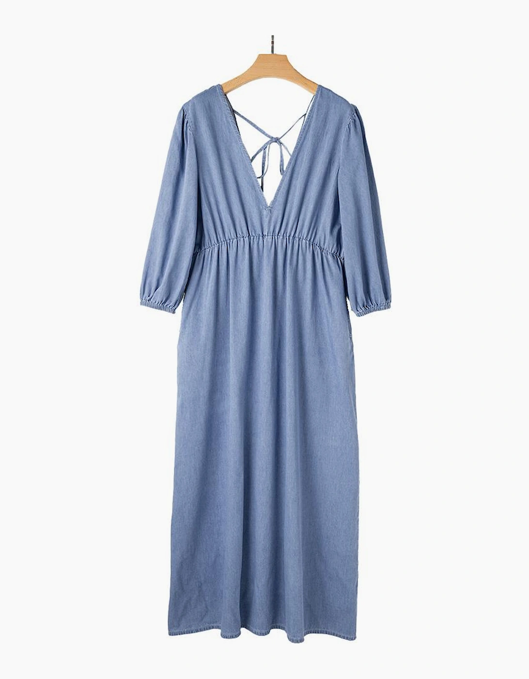 Myosotis Chambray Deep V Neck Bracelet Sleeve Maxi Dress