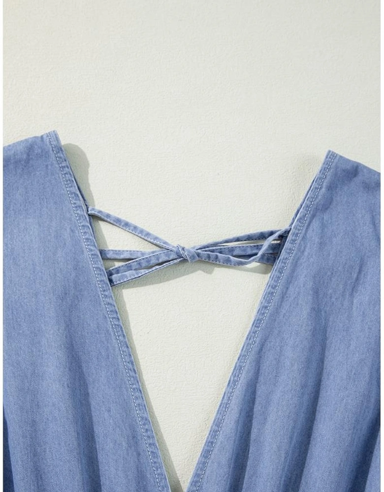 Myosotis Chambray Deep V Neck Bracelet Sleeve Maxi Dress