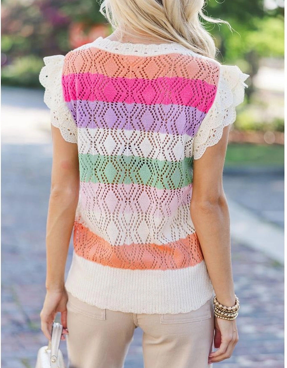 Rose Stripe Colorblock Hollowed Knit Scallop Edge Sweater Vest, 7 of 6