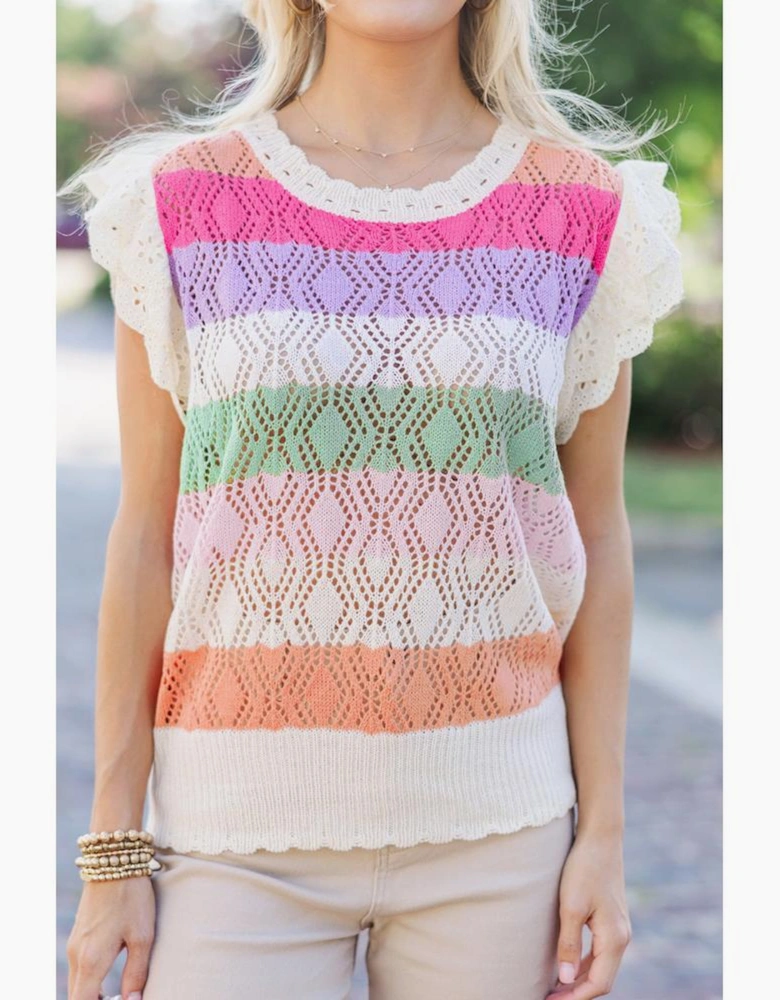 Rose Stripe Colorblock Hollowed Knit Scallop Edge Sweater Vest