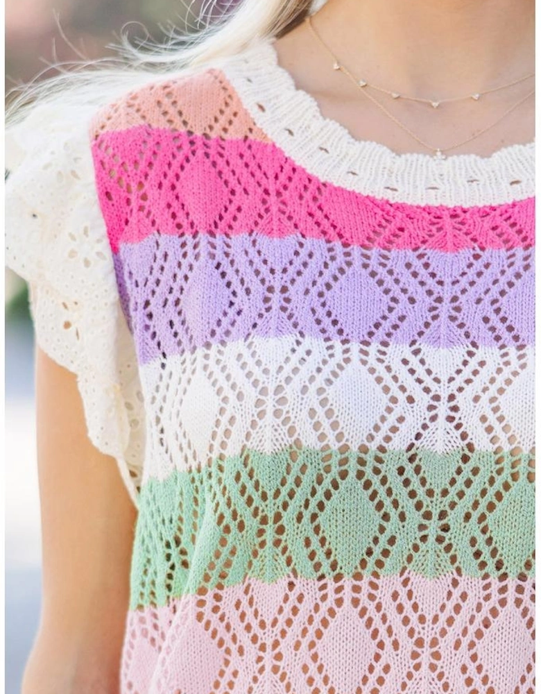 Rose Stripe Colorblock Hollowed Knit Scallop Edge Sweater Vest