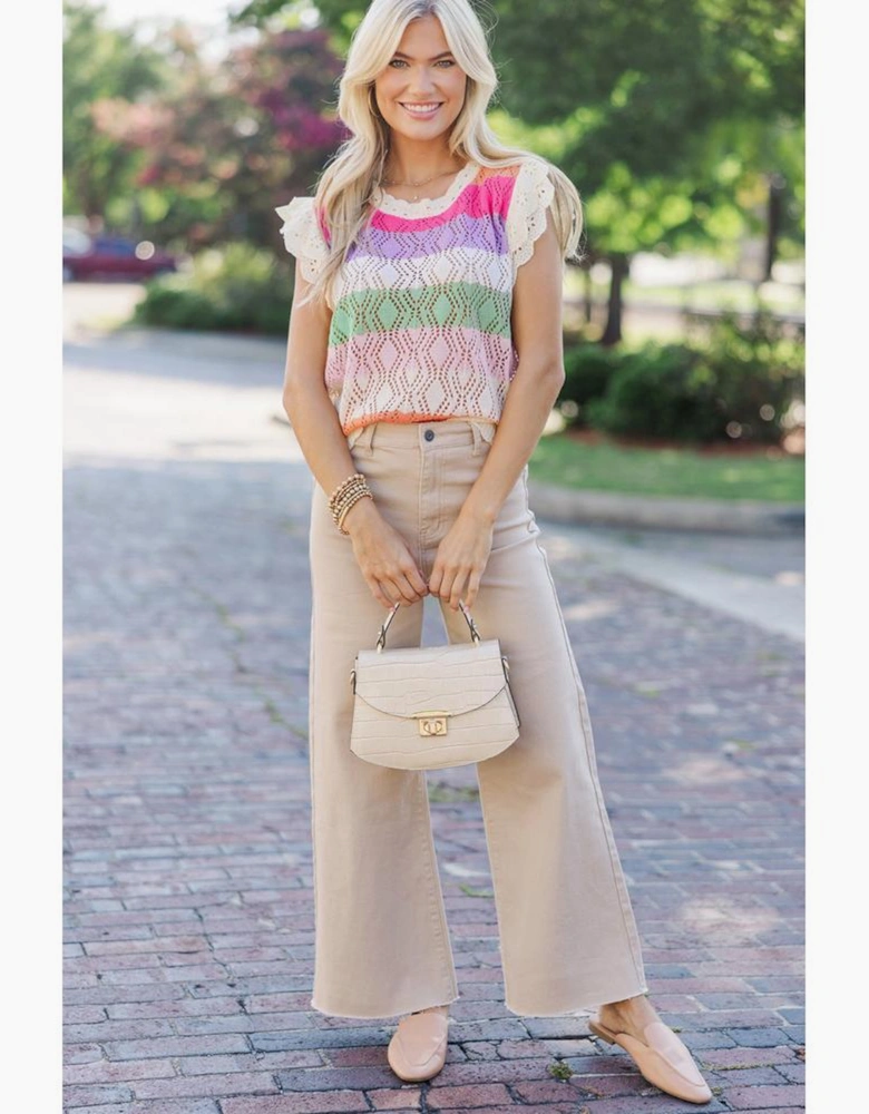 Rose Stripe Colorblock Hollowed Knit Scallop Edge Sweater Vest