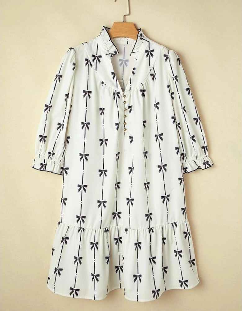 Apricot Bow Printed Puff Sleeve Ruffled Plus Size Mini Dress