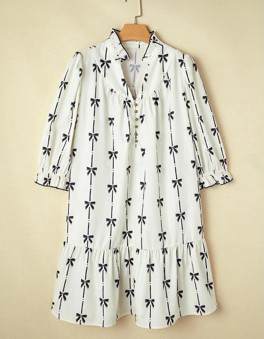 Apricot Bow Printed Puff Sleeve Ruffled Plus Size Mini Dress