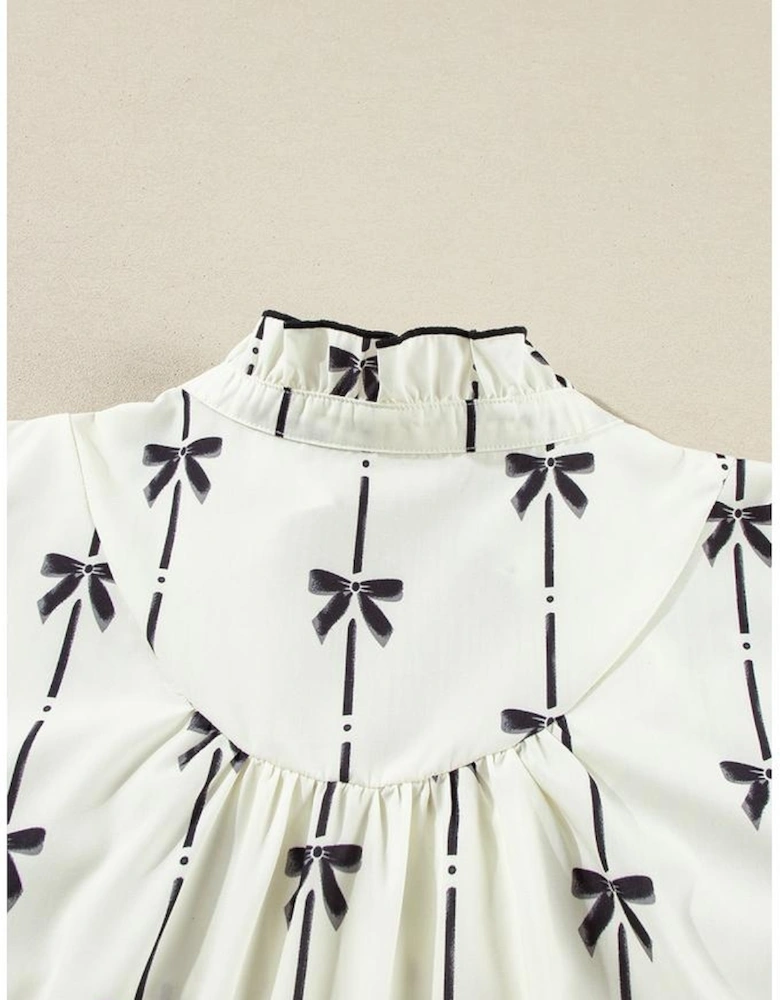 Apricot Bow Printed Puff Sleeve Ruffled Plus Size Mini Dress