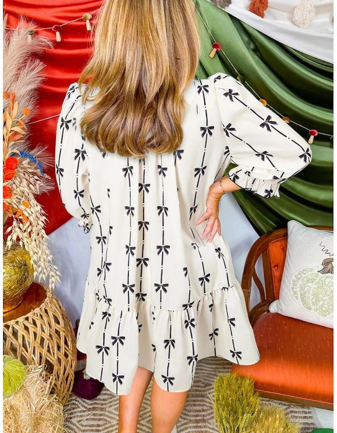 Apricot Bow Printed Puff Sleeve Ruffled Plus Size Mini Dress