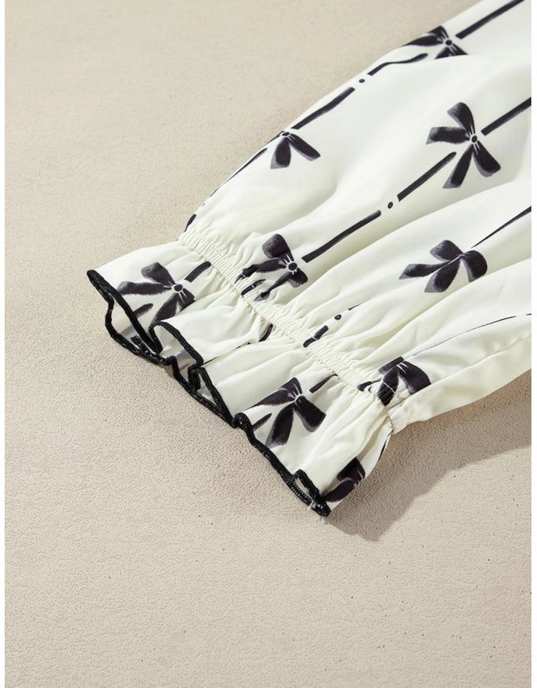 Apricot Bow Printed Puff Sleeve Ruffled Plus Size Mini Dress