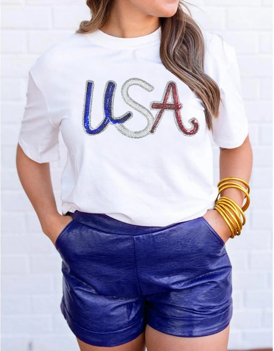 White Sequin USA Graphic Crew Neck Patriotic Tee