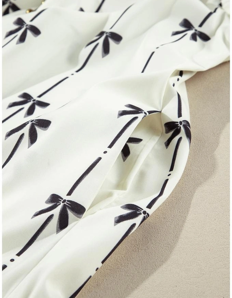 Apricot Bow Printed Puff Sleeve Ruffled Plus Size Mini Dress