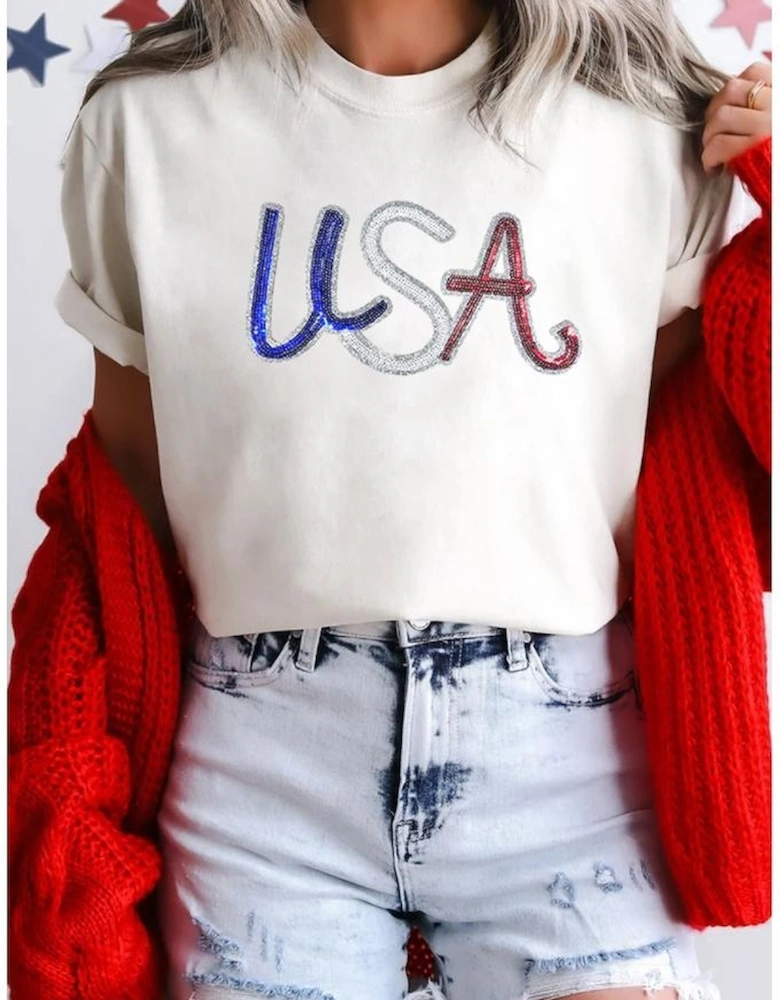 White Sequin USA Graphic Crew Neck Patriotic Tee