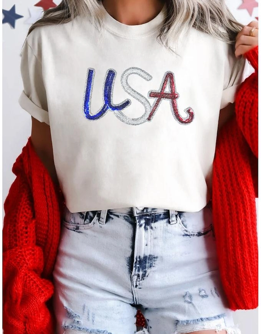 White Sequin USA Graphic Crew Neck Patriotic Tee