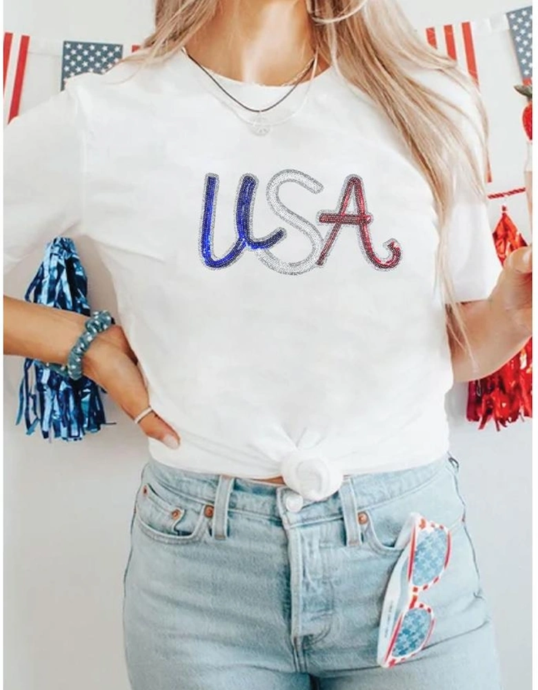 White Sequin USA Graphic Crew Neck Patriotic Tee