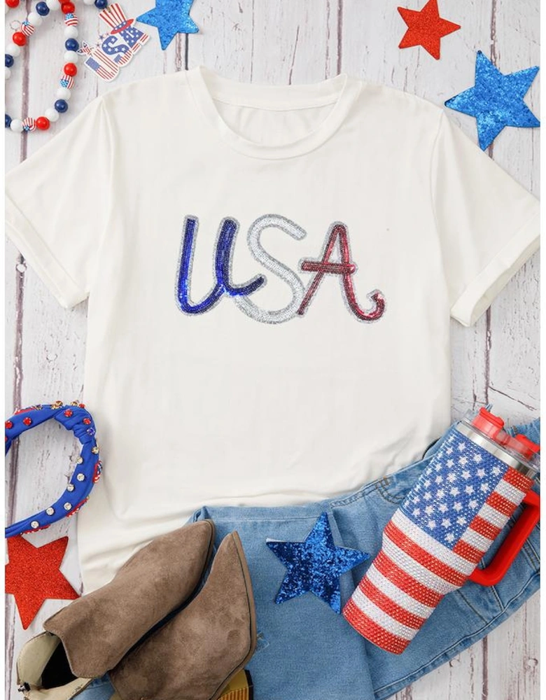 White Sequin USA Graphic Crew Neck Patriotic Tee