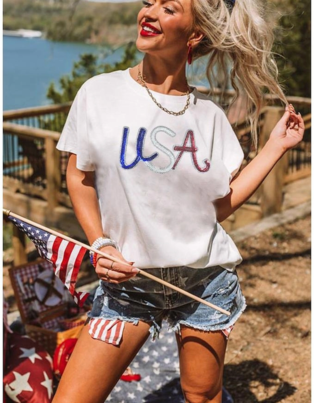 White Sequin USA Graphic Crew Neck Patriotic Tee