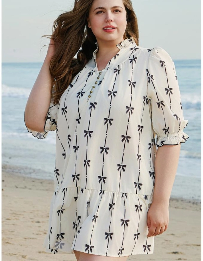 Apricot Bow Printed Puff Sleeve Ruffled Plus Size Mini Dress