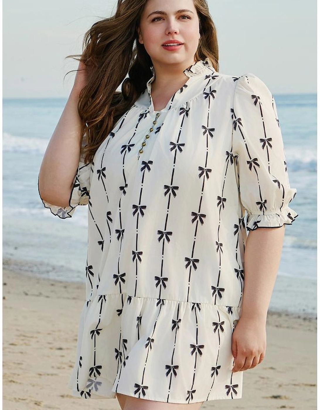 Apricot Bow Printed Puff Sleeve Ruffled Plus Size Mini Dress