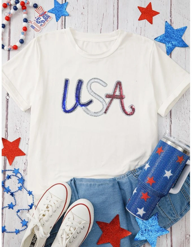 White Sequin USA Graphic Crew Neck Patriotic Tee