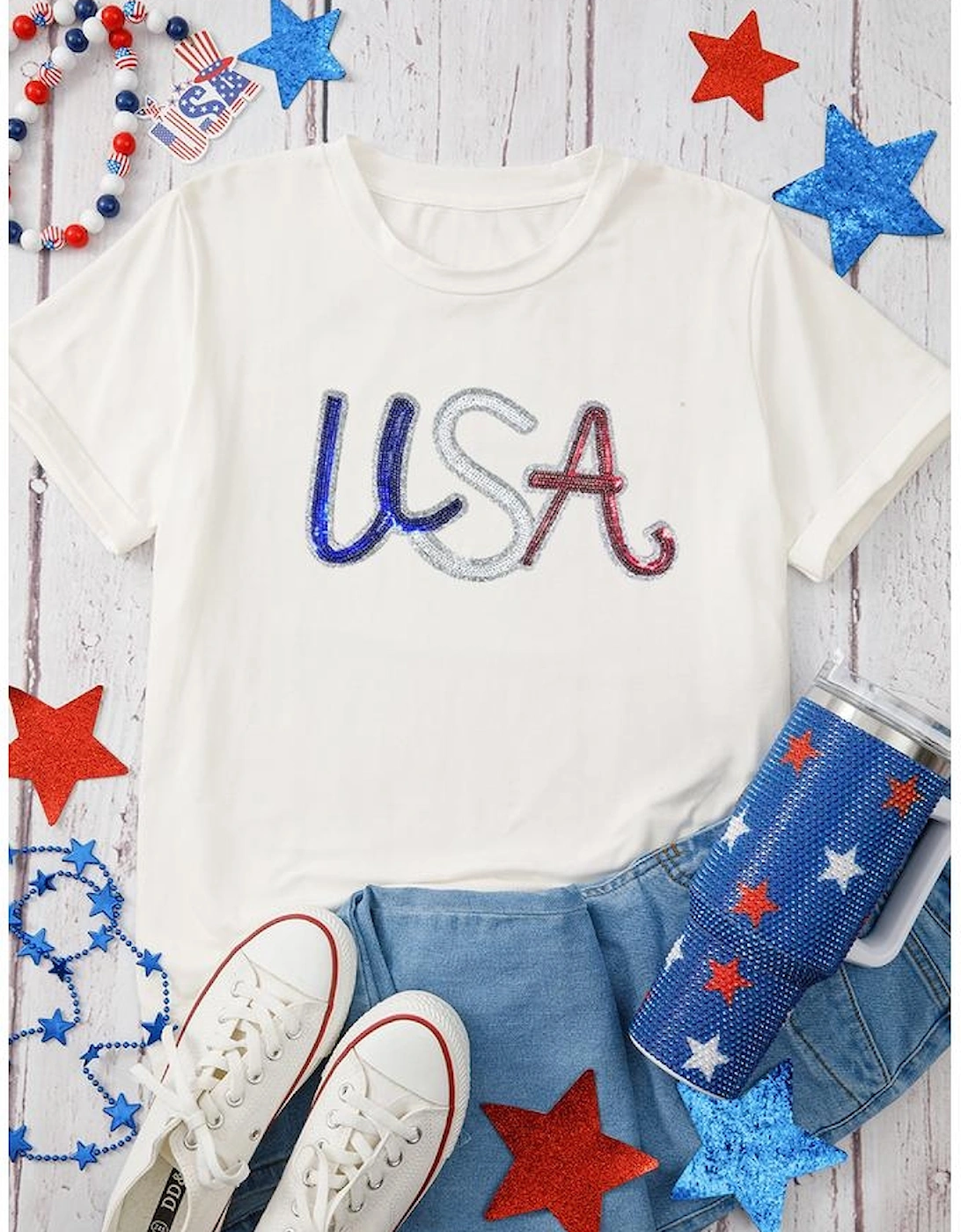 White Sequin USA Graphic Crew Neck Patriotic Tee