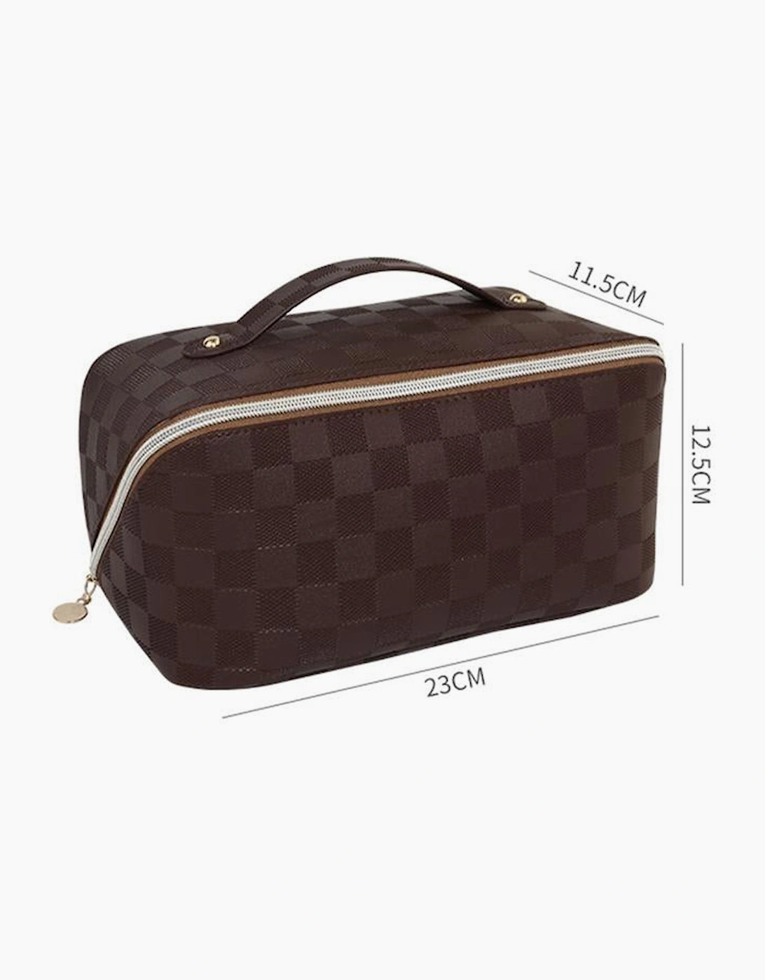 Chestnut Checkered Zipper Handle PU Leather Travel Makeup Bag