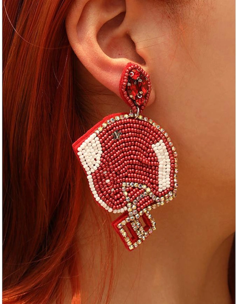 Fiery Red Game Day Rice Beaded Football Helmet Dangle Earrings