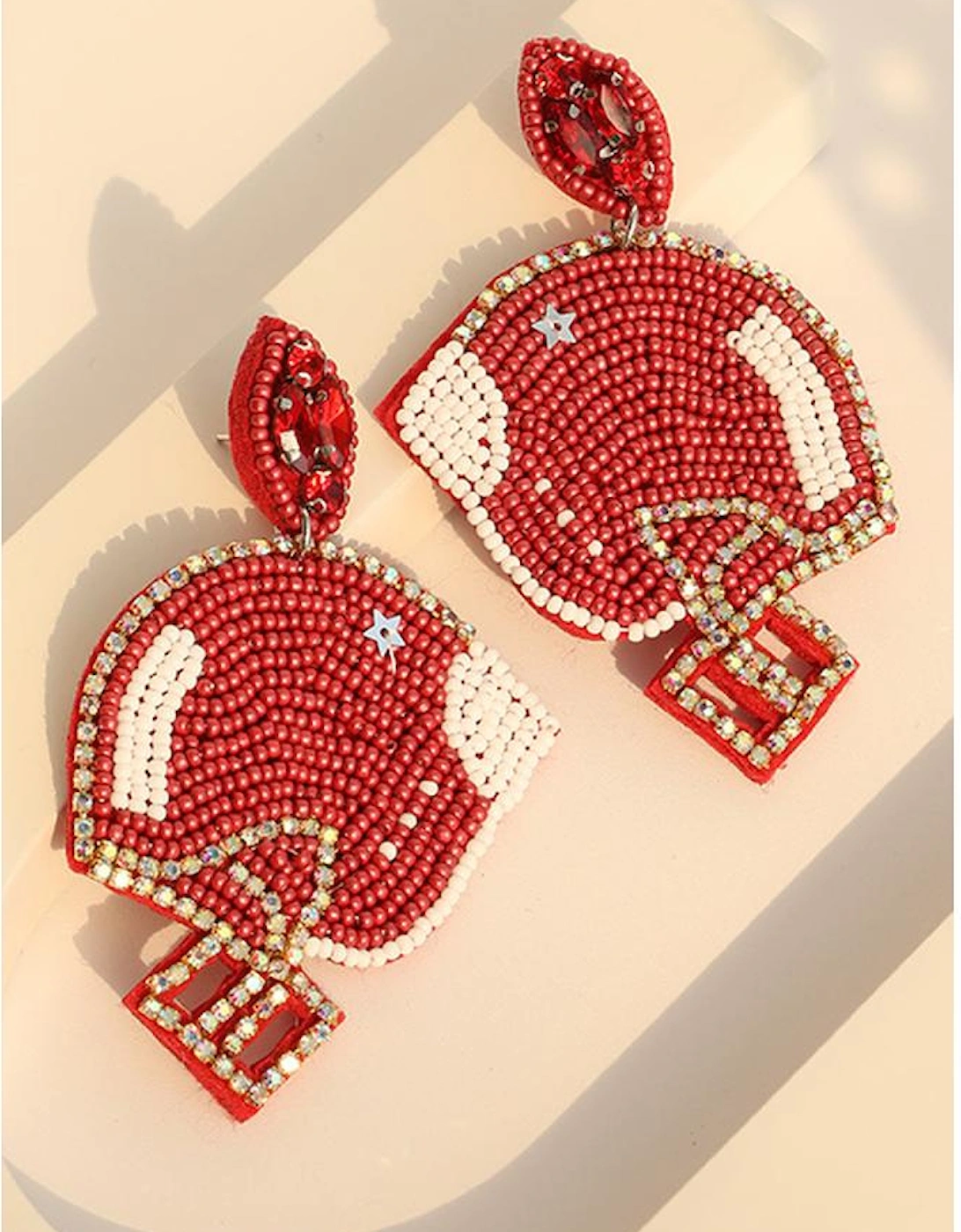 Fiery Red Game Day Rice Beaded Football Helmet Dangle Earrings, 4 of 3
