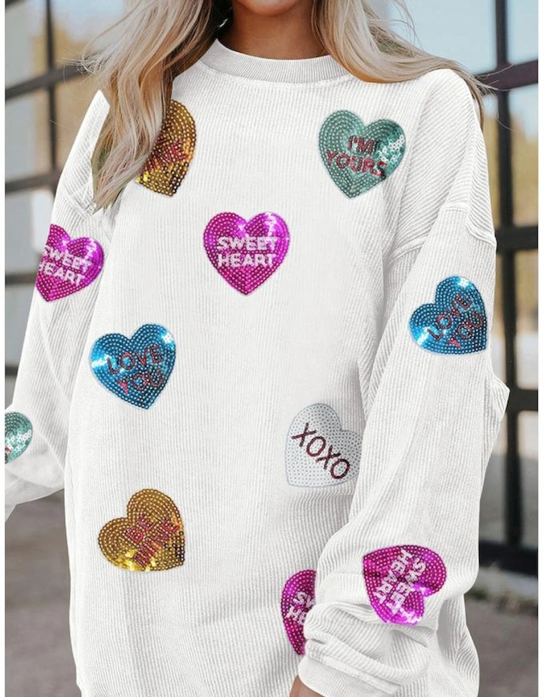 White Valentines Slogan Heart Sequin Corded Baggy Sweatshirt
