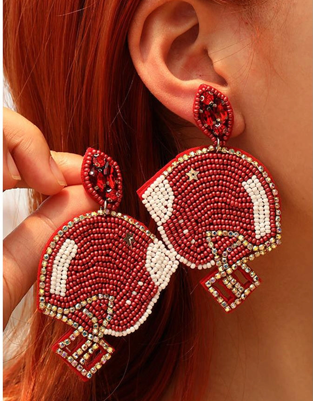 Fiery Red Game Day Rice Beaded Football Helmet Dangle Earrings