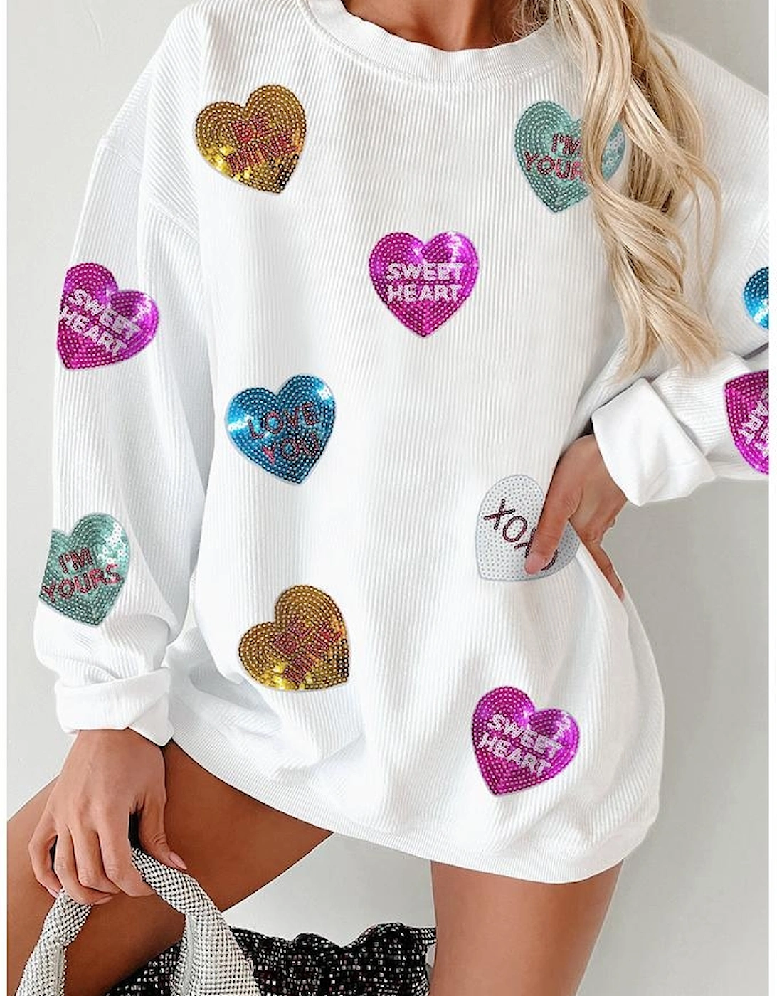 White Valentines Slogan Heart Sequin Corded Baggy Sweatshirt