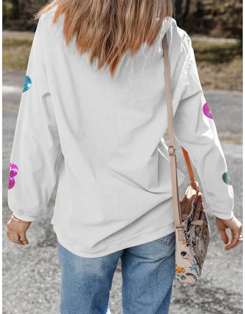 White Valentines Slogan Heart Sequin Corded Baggy Sweatshirt