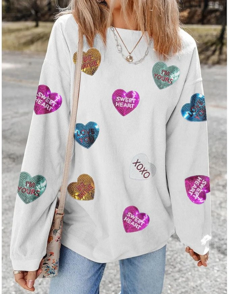 White Valentines Slogan Heart Sequin Corded Baggy Sweatshirt