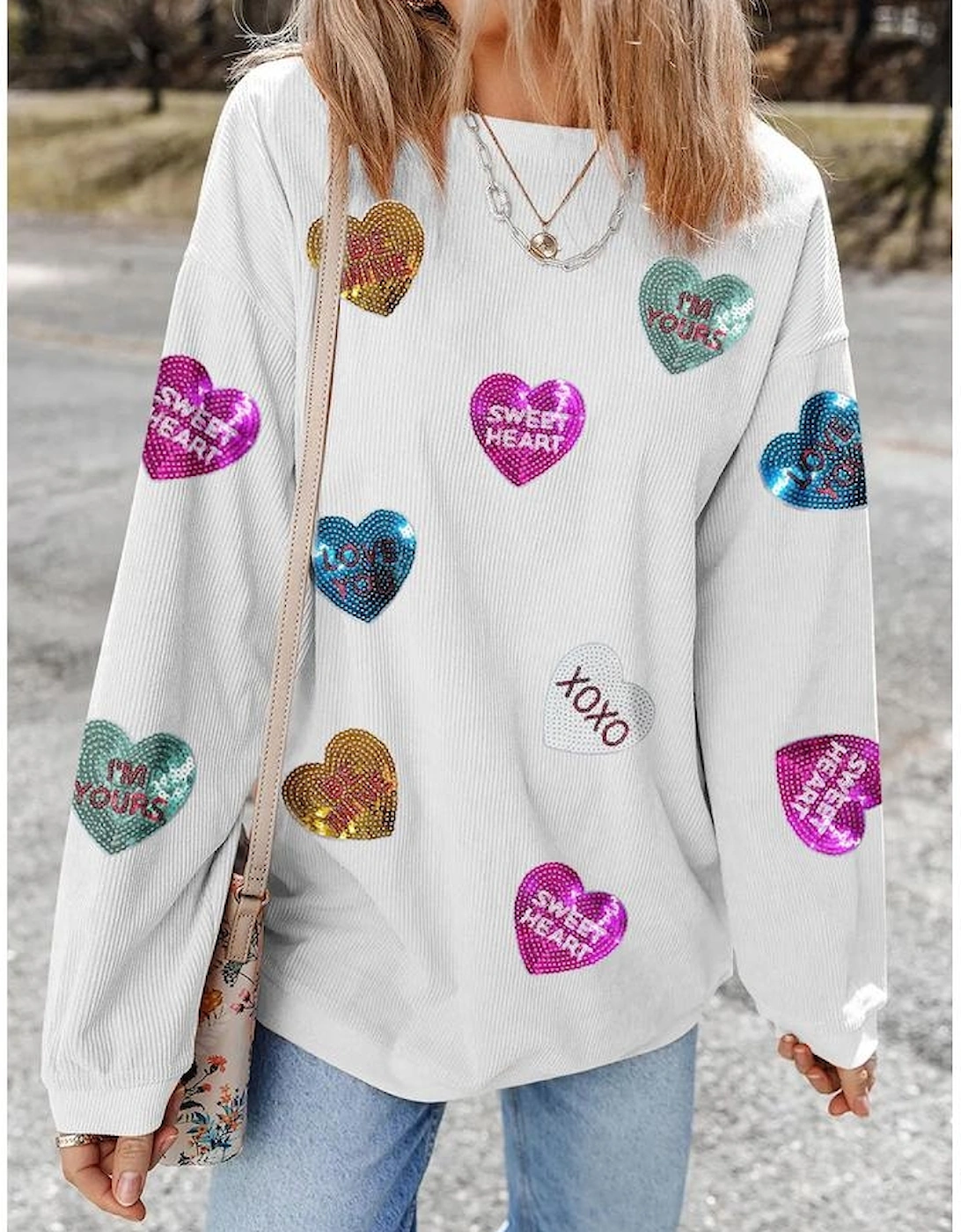 White Valentines Slogan Heart Sequin Corded Baggy Sweatshirt