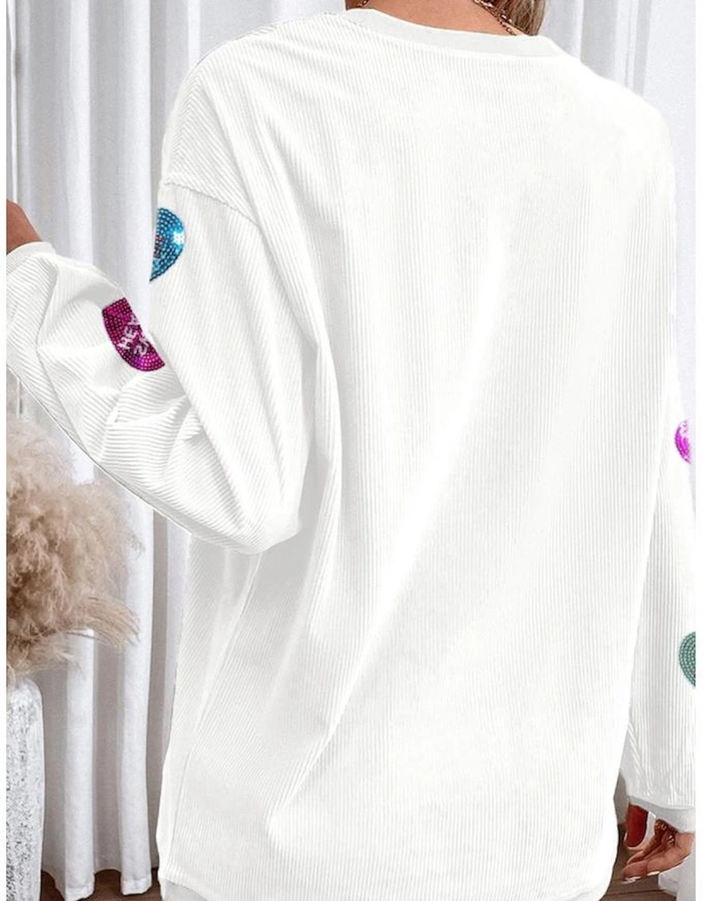 White Valentines Slogan Heart Sequin Corded Baggy Sweatshirt