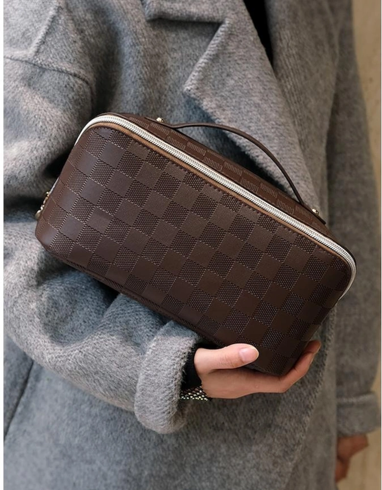 Chestnut Checkered Zipper Handle PU Leather Travel Makeup Bag