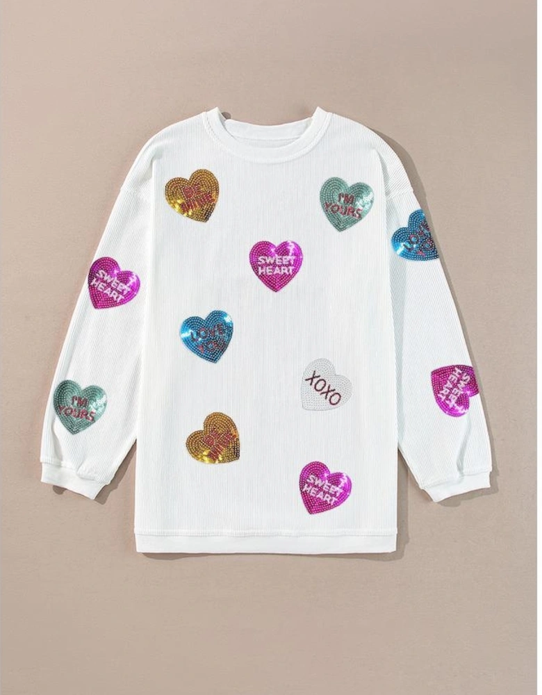 White Valentines Slogan Heart Sequin Corded Baggy Sweatshirt