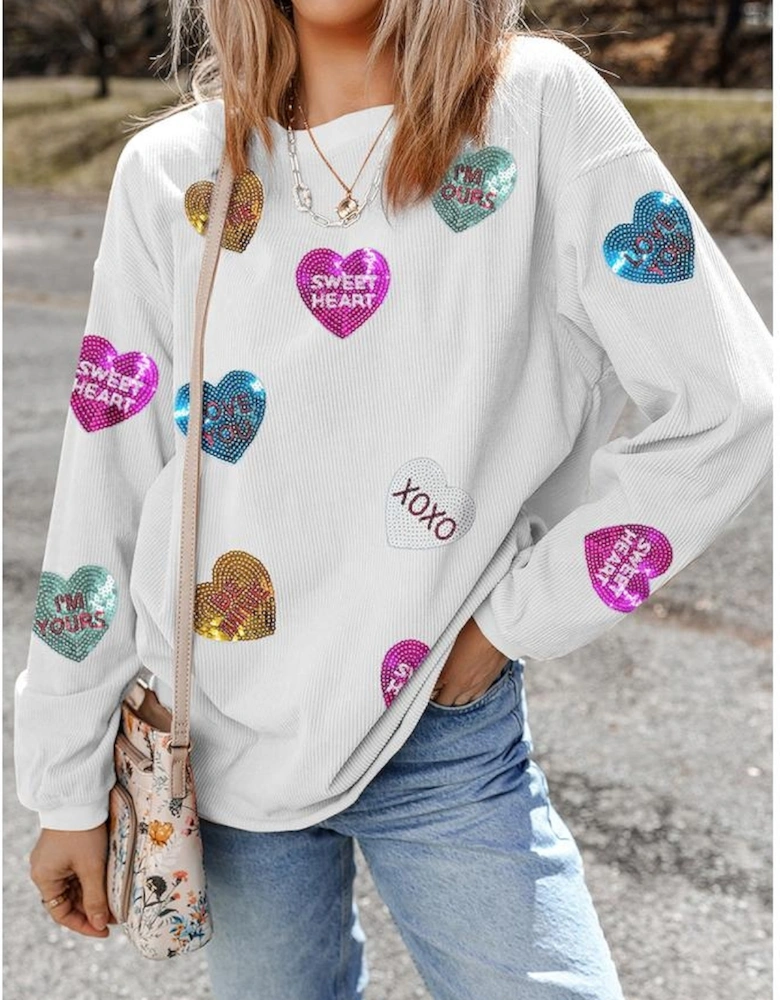 White Valentines Slogan Heart Sequin Corded Baggy Sweatshirt