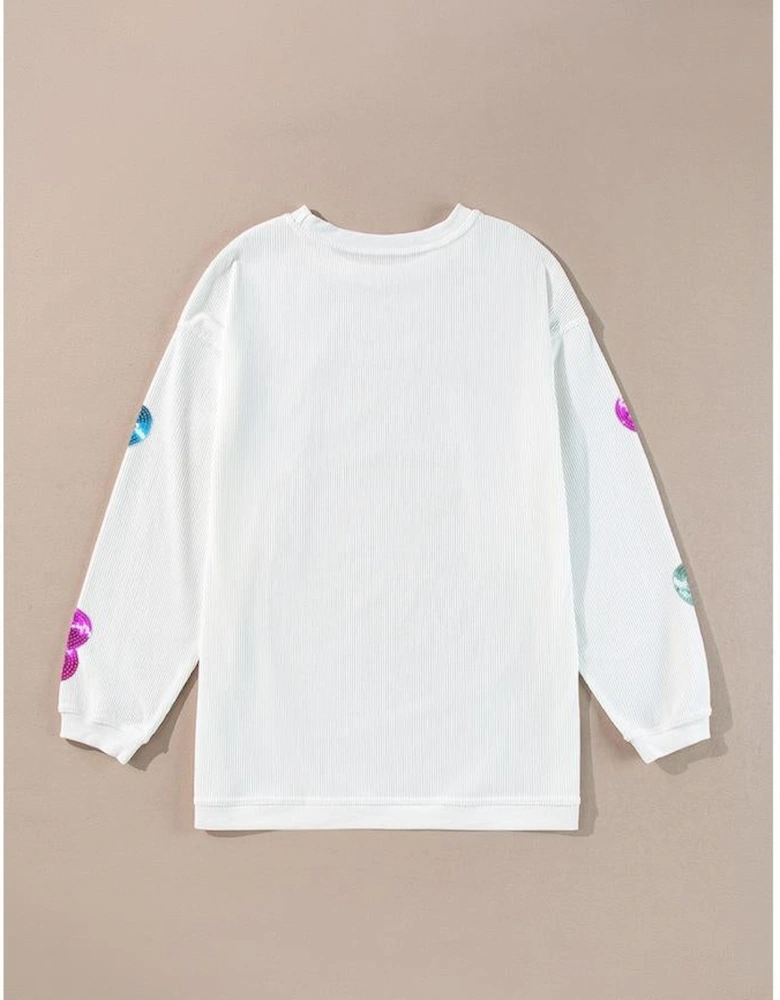 White Valentines Slogan Heart Sequin Corded Baggy Sweatshirt